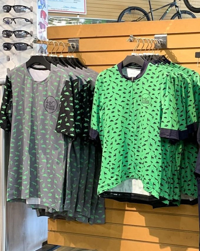 Custom team jerseys on display