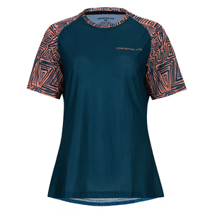 Women's SummitAir Jersey (Blue/Salmon) - This jersey features a navy blue mesh torso and salmon-colored sleeves with a trendy triangle line pattern. Ultralight Mesh Polyester/Spandex Blend with Recycled Ion Pro Sleeves for Antimicrobial Protection. Unbeatable Breathability, Comfortable Fit, and UPF30 Sun Protection. Eco-Friendly Ink Printing for Sustainable Style.